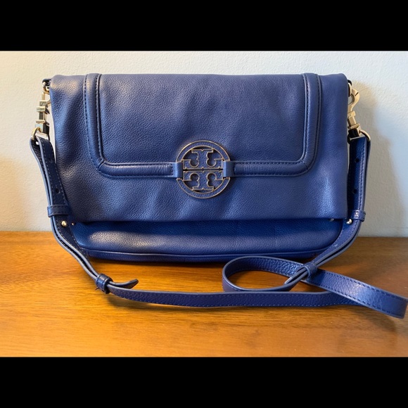Tory Burch “Amanda” Fold-Over Cross Body Bag Blue - Picture 1 of 11